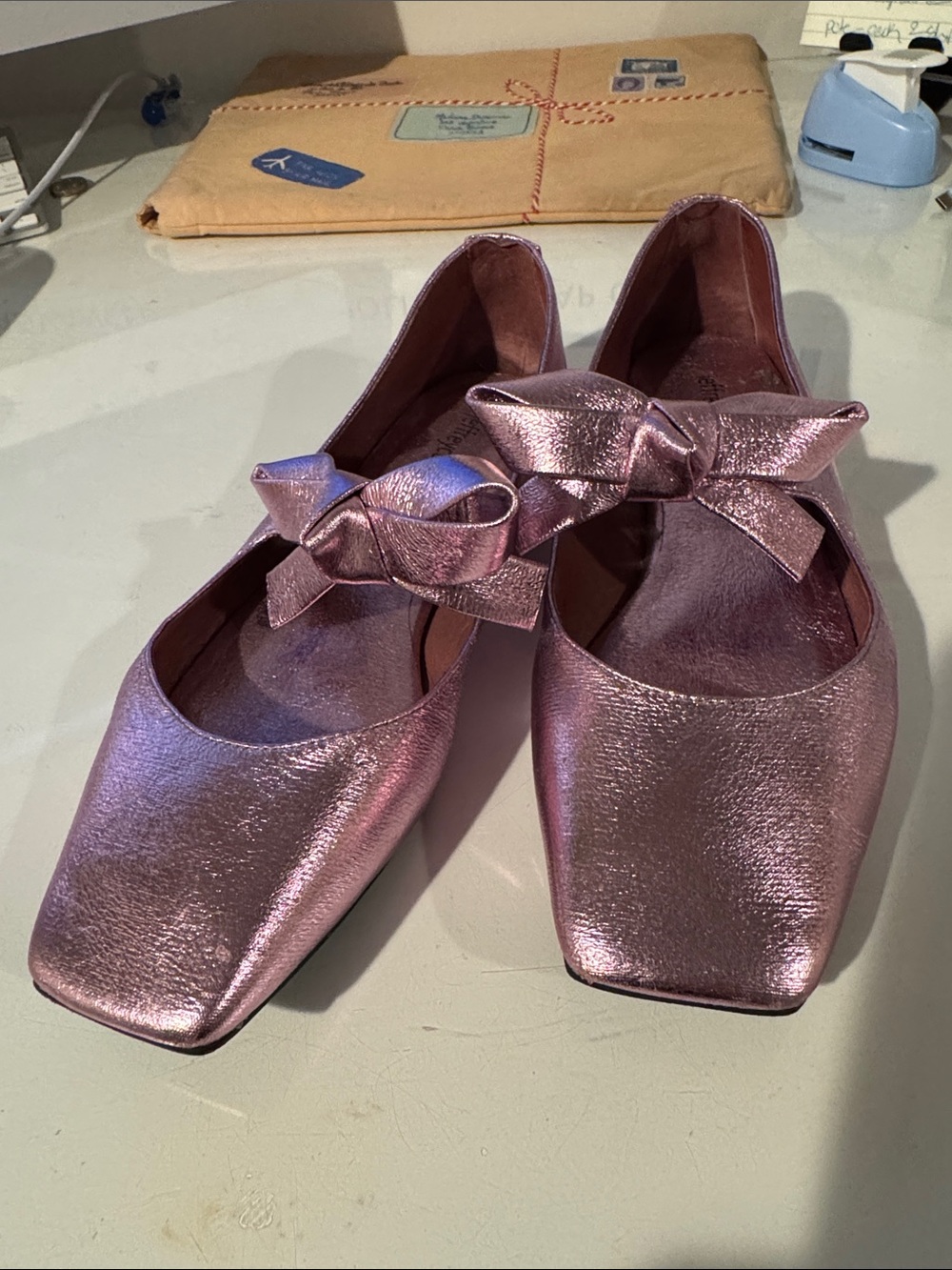 Jeffrey Campbell Metallic Pink Bow Square-Toe Flats